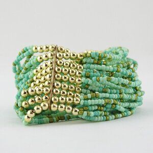 Turquoise & Gold Color Beaded Boho Statement Stretchy Bracelet